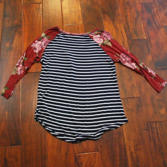 Floral Sleeve Striped Baseball Tee - Picture 3 of 5